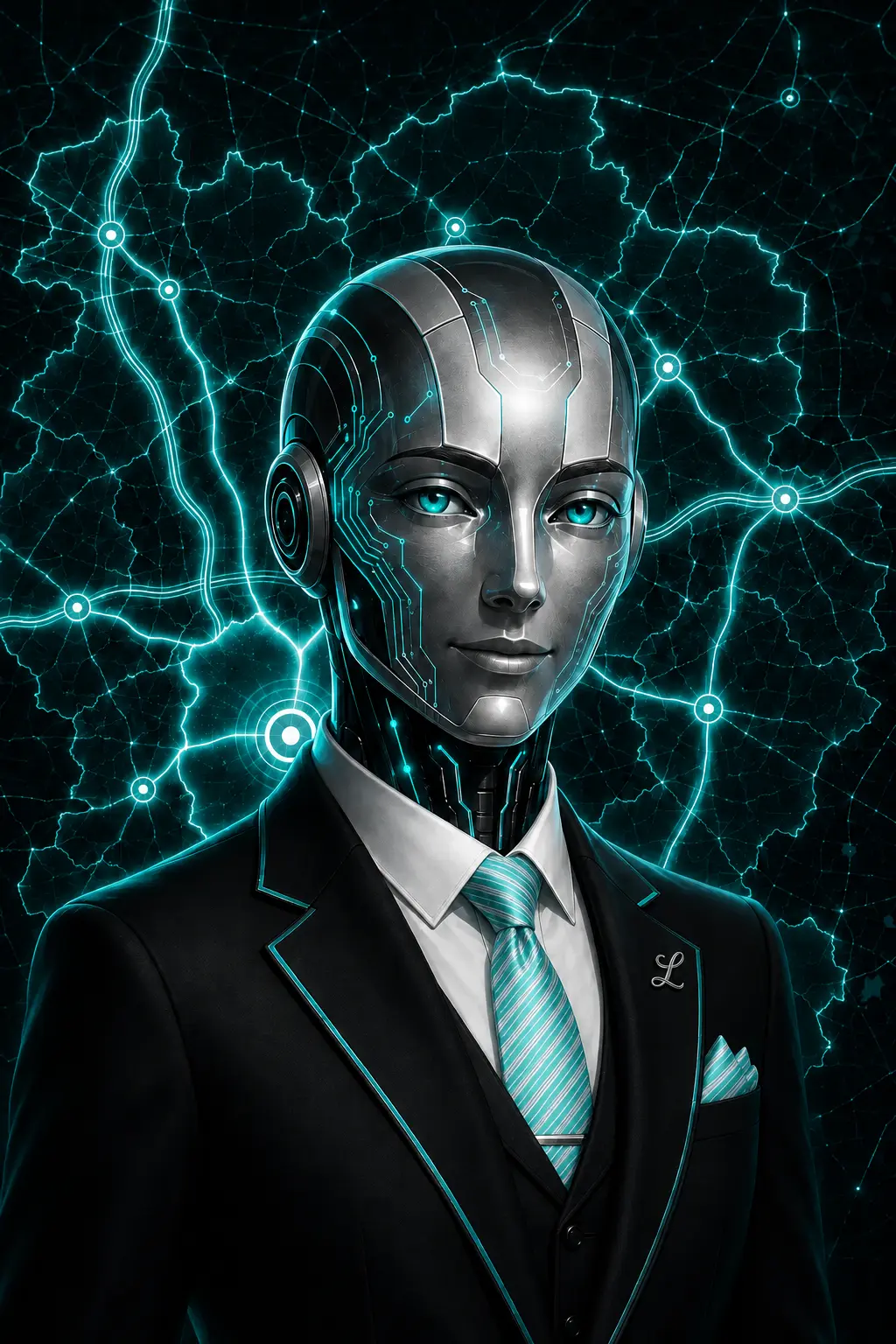 LA Intelligence Agent in a black suit with aqua and violet circuitry