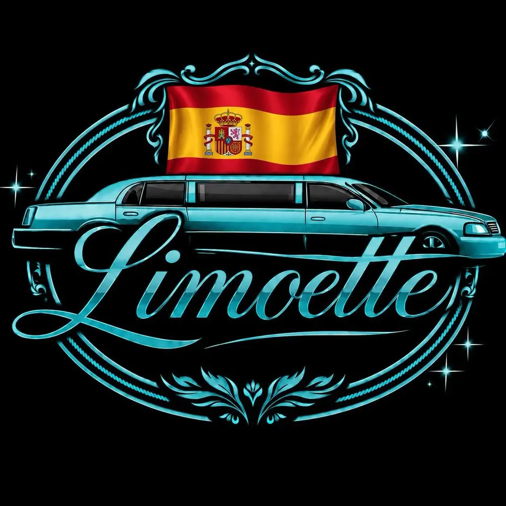 Emblema Limoette con limusina clásica y bandera de España